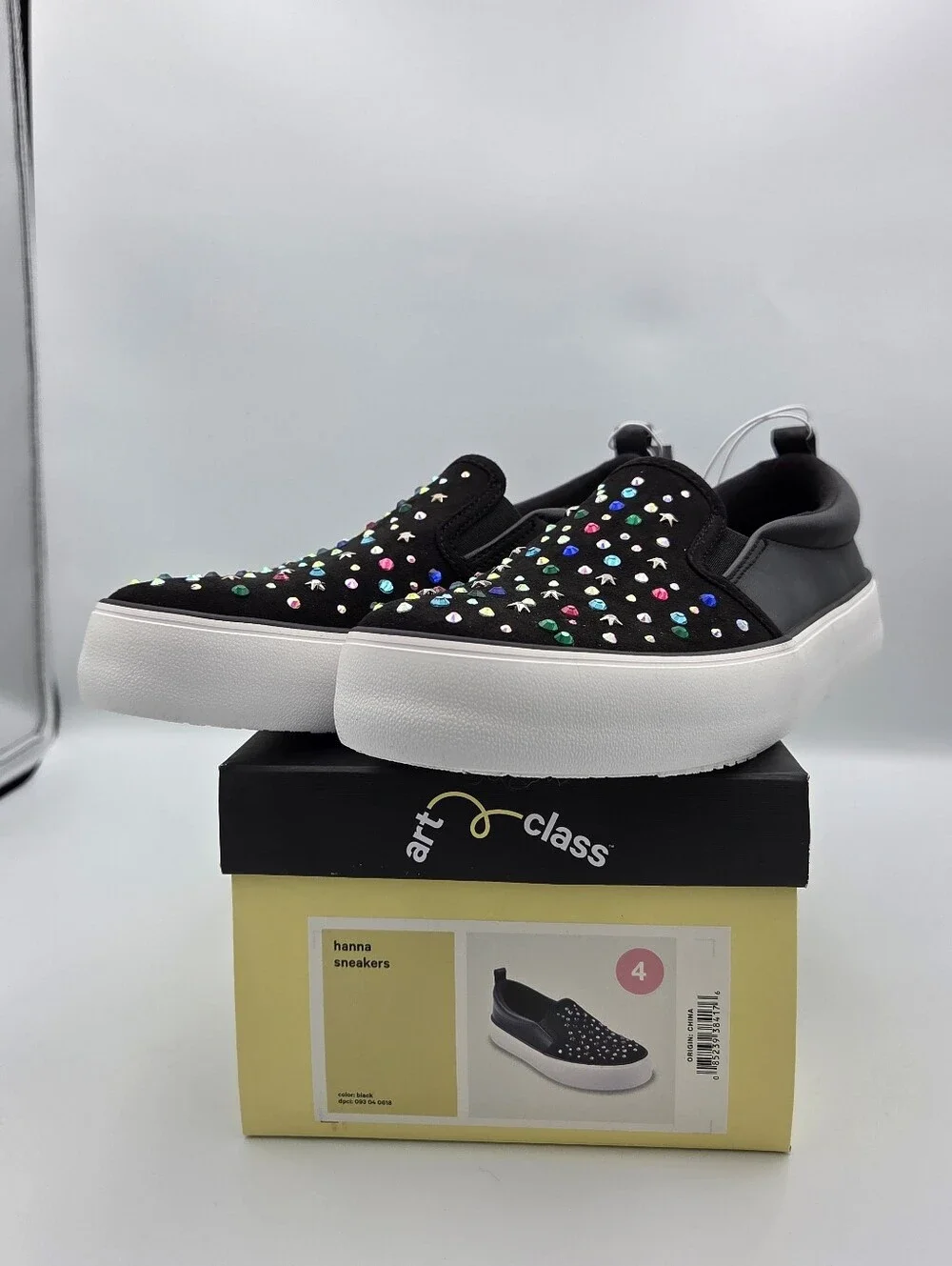 Art Class Girls Black Slip-On Sneakers with Multicolor Studs 4 NIB